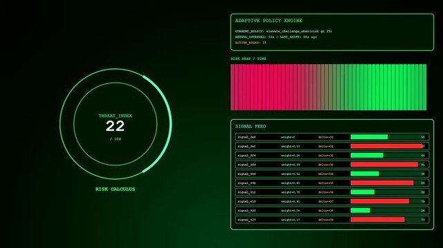 Monitoring zero trust metrics on a digital interface featuring fluctuating circular graphs and bars that display system activity levels in a dark green glowing environment