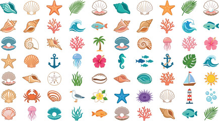 Sea Life and Beach Vacation Icon Set with Colorful Seashells Starfish Ocean Waves Coral Reefs Tropical Palm Leaves and Nautical Symbols for Summer Travel Graphic Designs © Moksedul