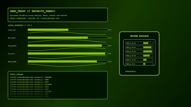 Digital displays showing zero trust security protocols for monitoring network telemetry data with scrolling status feeds and interactive graphs appearing on a dark green screen monitor