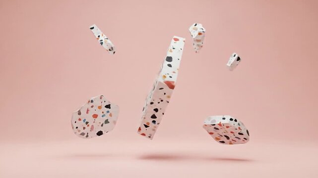 Abstract Terrazzo Shapes Floating and Rotating Motion Background