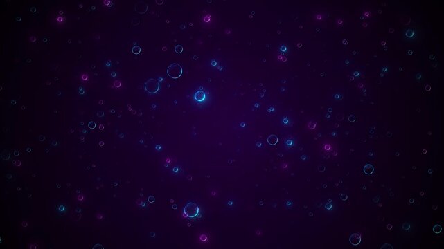 Purple neon bubble background cyan magenta glowing circles floating dreamy space. music visuals, party intros, digital overlays, abstract nightlife promos, futuristic screens, motion backgrounds.