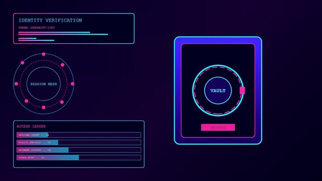 A digital zero trust interface displays animated loading bars and circular glowing portals on a dark screen representing secure network access and encrypted data flow monitoring