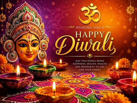 Vibrant Diwali celebration with goddess Durga, oil lamps, rangoli, and golden Om symbol on purple background