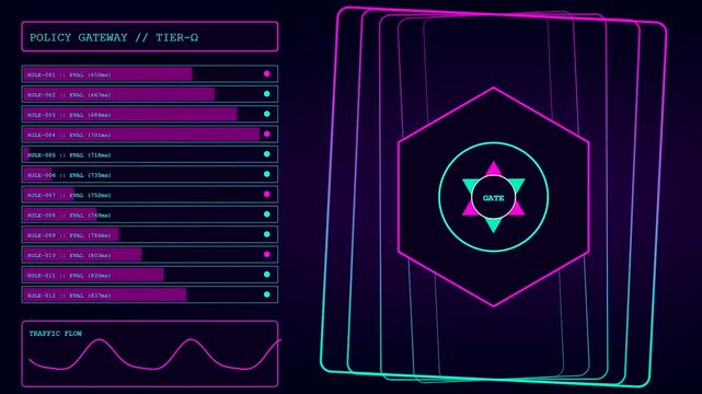 A zero trust security dashboard displays active data monitoring cycles with neon purple graphical interfaces featuring hexagonal symbols and evolving statistical bar charts across three frames