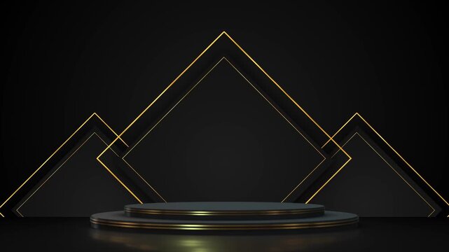 Black gold geometric podium stage platform, angular line frames, dark luxury space, metallic accents. product showcases, award reveals, premium intros, fashion promos, logo titles, elegant video