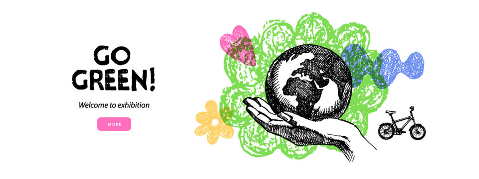 Hand drawn vintage eco-friendly ecology collage banner with doodle elements. Sketch isolated vector illustration