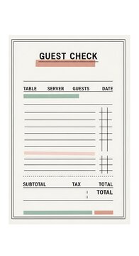 Blank Vintage Guest Check Receipt Form Isolated on White Background