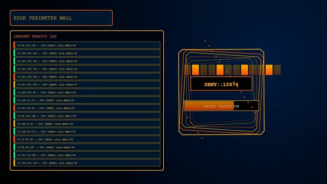 A zero trust security dashboard displays digital activity logs with flashing orange graphics and server monitoring indicators tracking network traffic patterns in a dark environment