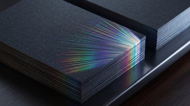 Minimalist stacked matte black paper cards featuring radiant holographic light refraction edge detail design with holographic spectrum radiating