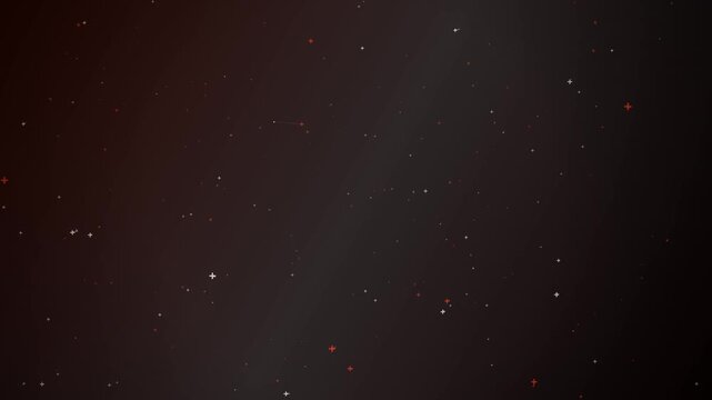 Small red and white glowing plus signs floating slowly in a dark atmospheric gradient space environment