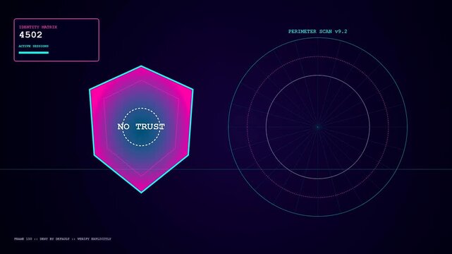 The zero trust security framework displayed through a glowing neon shield icon while floating digital data points shift across a dark purple virtual monitor interface