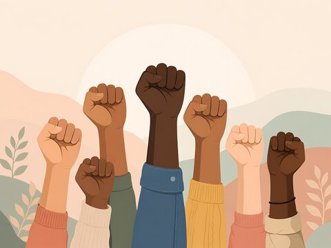 Diverse hands raised in solidarity with clenched fists, symbolizing unity, protest, and social justice movement