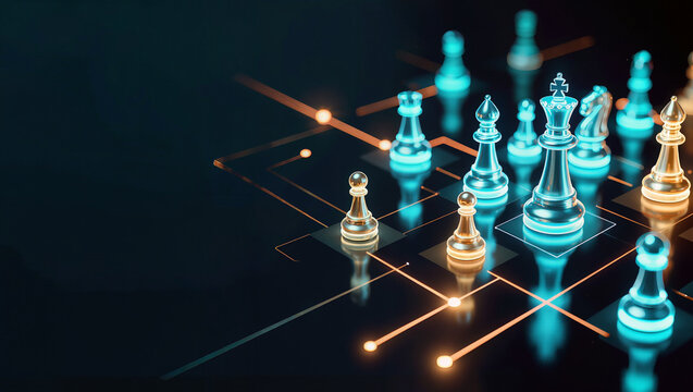 Glowing 3D chess pieces on digital circuit board pattern, strategy and business competition concept for leadership and decision making design