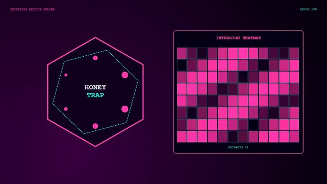 Three panels displaying a zero trust security interface showing hexagonal grids and pulsing dots that track potential network access points with evolving magenta light patterns on screen