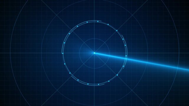 Blue radar scanner background glowing grid, circular target lines, bright scanning beam across interface. security videos, surveillance screens, military visuals, tech intros, motion overlay graphics.