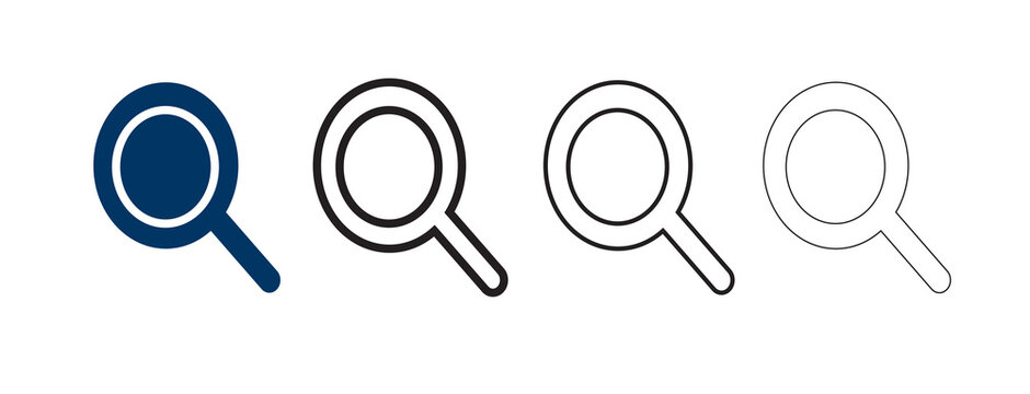 Search icon set featuring magnifying glass symbol for find inspect discover look research and user interface application design