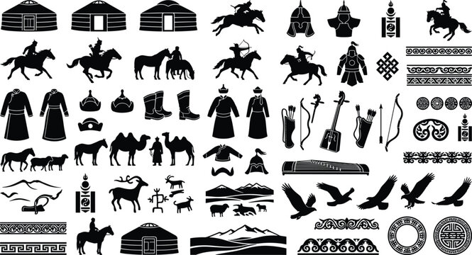 Traditional Mongolian ethnic ornament vector set featuring oriental borders geometric knot symbols circular frames and black silhouette decorations for graphic designs
