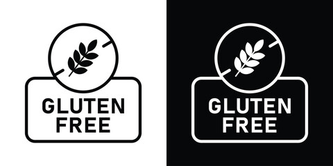 Gluten free food safety label featuring a crossed-out wheat stalk symbol inside a badge, ideal for dietary restriction signage and organic grocery packaging design vectors. © bibin