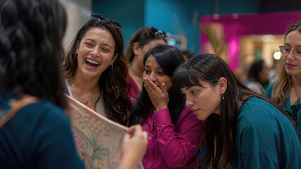 Obraz premium Group of diverse women examining fabric samples in a vibrant indoor market, showcasing colorful textiles and engaging expressions in a lively shopping atmosphere