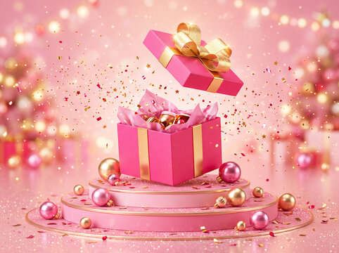 Pink gift box opening with gold confetti and pearls. Festive celebration scene with luxurious decor and sparkling lights.