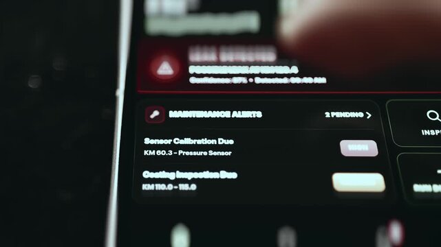 Gas pipeline maintenance alerts list showing sensor calibration and coating inspection tasks