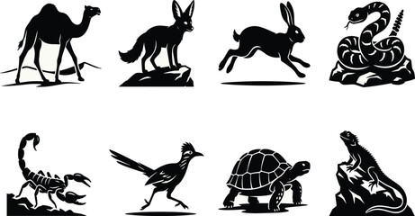 Fototapeta premium Desert animals black silhouette icons vector set featuring a camel fennec fox rattlesnake scorpion and tortoiseDesert animals black silhouette icons vector set featuring a camel fennec fox rattlesnake