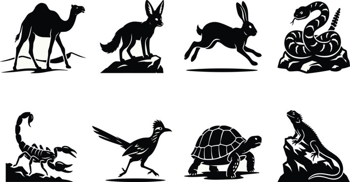 Desert animals black silhouette icons vector set featuring a camel fennec fox rattlesnake scorpion and tortoiseDesert animals black silhouette icons vector set featuring a camel fennec fox rattlesnake