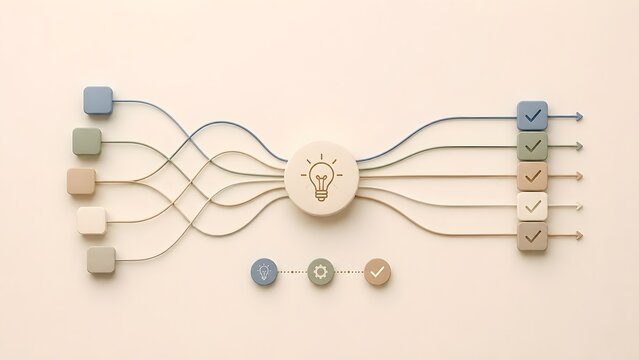 Task management workflow concept showing tangled wires simplified through a central idea into organized checkmarks for project execution