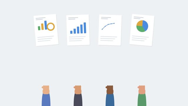 diverse hands holding up data report sheets with animated charts, gray tone
