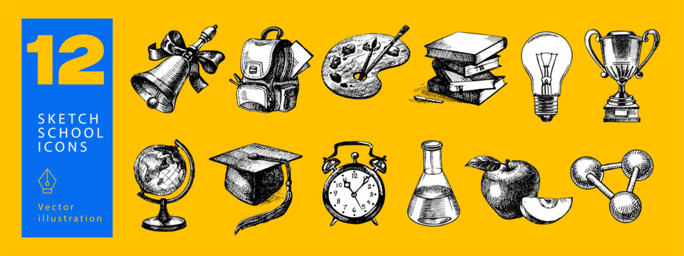 Back to school sketch collage elements set. Education poster template with hand drawn accessories. Stickers design. Vector vintage illustration