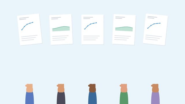 diverse hands holding up report sheets with animated line and area charts, sky blue tone