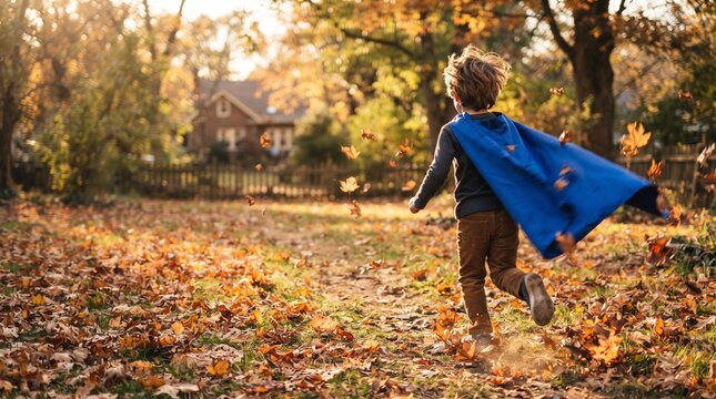 Child in superhero cape running through autumn leaves in a park during fall afternoon