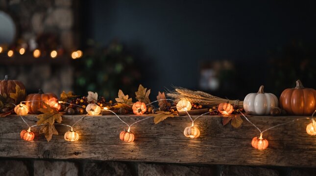 Autumn harvest decoration with pumpkins leaves and warm string lights on rustic wooden surface