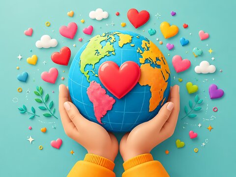 Hands holding a colorful globe with a red heart, surrounded by floating hearts and nature elements on a teal background