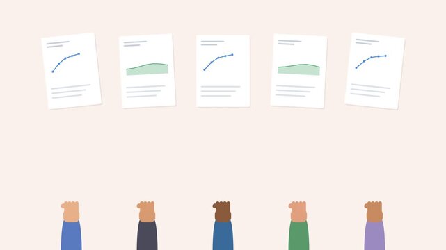 diverse hands holding up report sheets with animated line and area charts, peach tone