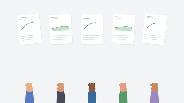 diverse hands holding up report sheets with animated line and area charts, office tone