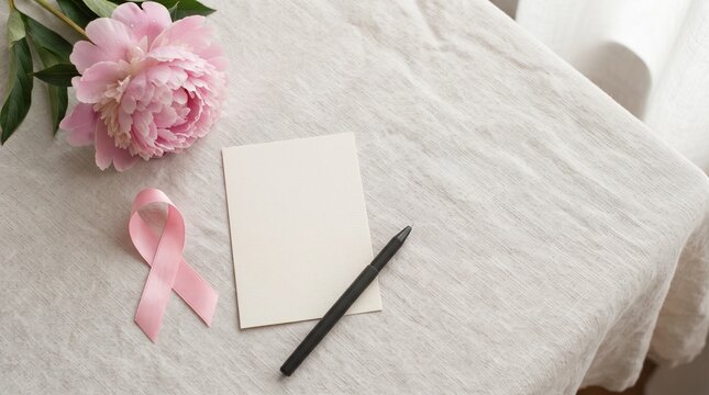 Pink peony flower with ribbon and blank notecard on light fabric surface for awareness or support