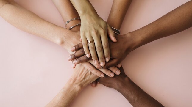 Diverse group of hands stacked together symbolizing unity teamwork and collaboration