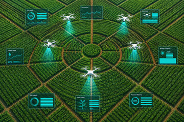 Obraz premium Aerial top-down view of autonomous drones scanning a green plantation with digital data dashboards. Smart farming technology, IoT, and precision agriculture concept for crop monitoring.