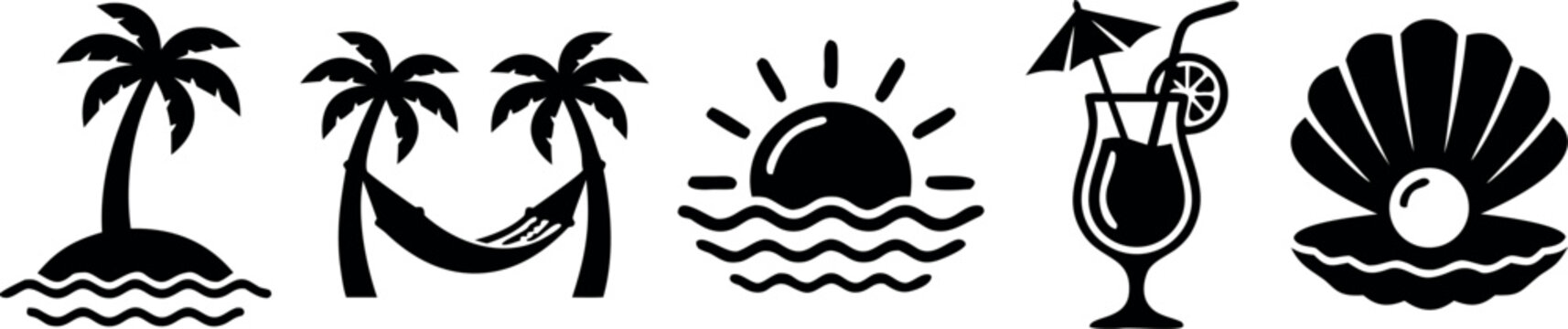 Tropical summer icon set with palm trees, hammock, sunset, cocktail and seashell symbols