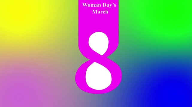 Number eight stylized as a vibrant magenta graphic symbol floats against a blurred rainbow gradient background to celebrate International Women's Day while offering plenty of clean central copy space.