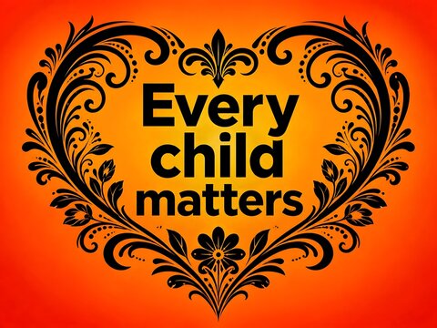 Vibrant orange background with ornate black heart design and every child matters text for advocacy