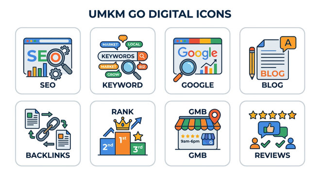 Digital Marketing Icons: SEO, Keywords, Google, Blog, Backlinks, Rank, GMB, Reviews