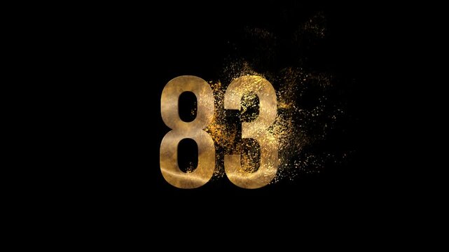 Beautiful Golden Number 83 with golden particles and transparent background, golden number eighty three