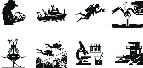 Obraz premium Marine Biology and Oceanography Research Icons Set Featuring Scuba Divers, Scientific Vessel, Laboratory Equipment, and Underwater ExplorationMarine Biology and Oceanography Research Icons Set 