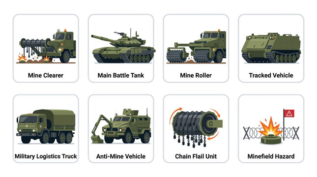 Military Vehicles: Mine Clearing, Tanks, Trucks, and Anti-Mine Equipment Set