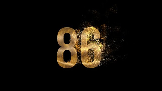 Beautiful Golden Number 86 with golden particles and transparent background, golden number eighty six