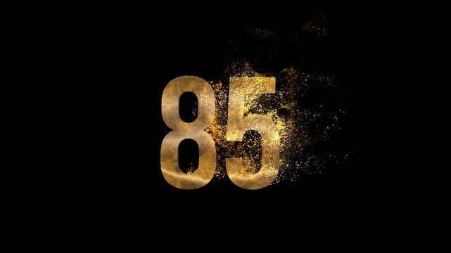 Beautiful Golden Number 85 with golden particles and transparent background, golden number eighty five