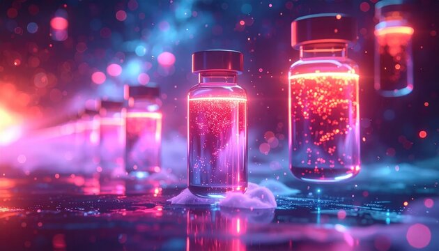 Glowing pharmaceutical glass vials with pink liquid in dark.