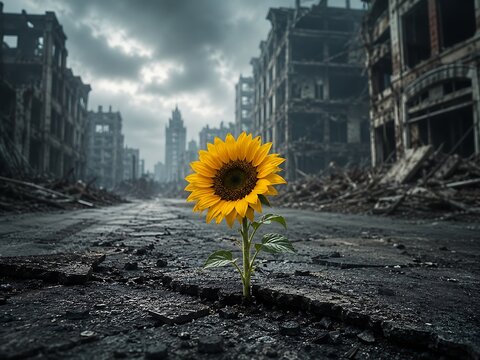 A lone vibrant sunflower grows defiantly through cracked asphalt in a desolate, post-apocalyptic cityscape